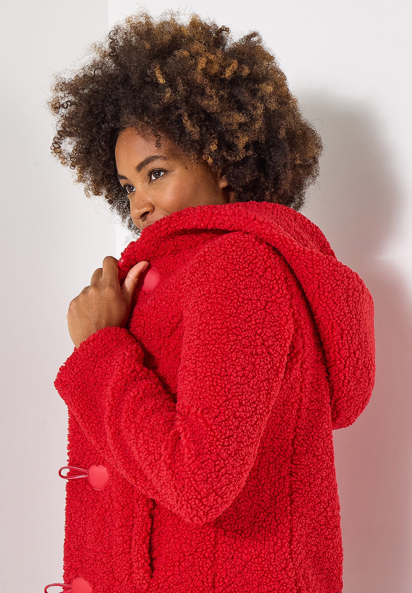 Hooded Sherpa Toggle Jacket, BRIGHT RED, alternate image number 2