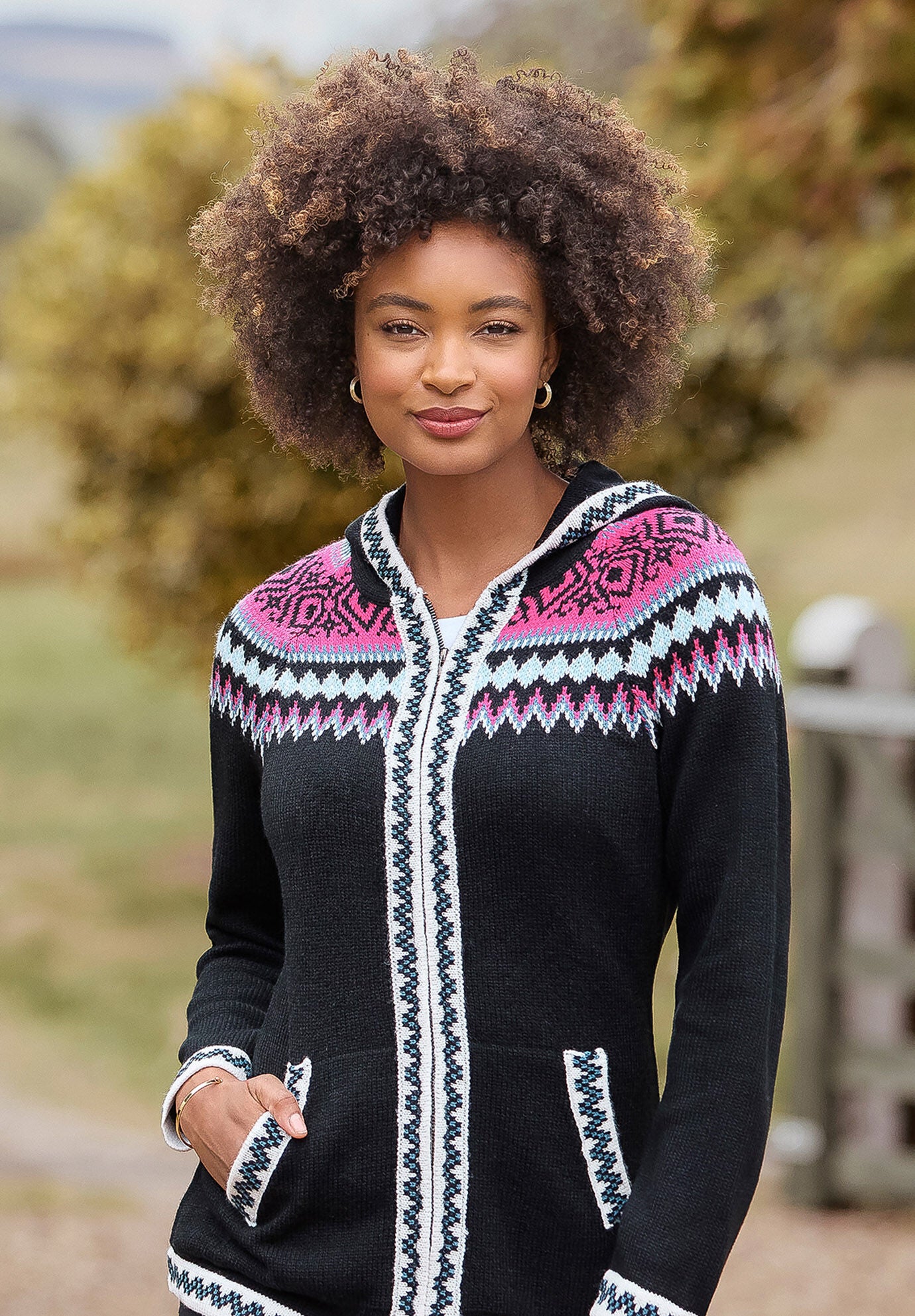 Fair Isle Drawstring V-Neck Zip Hoodie, BLACK FAIRISLE, hi-res image number 0