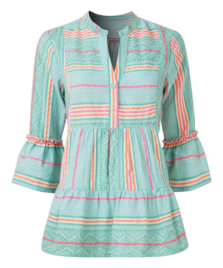 Bell Sleeve Tunic, AQUA BOHO STRIPES, alternate image number 3