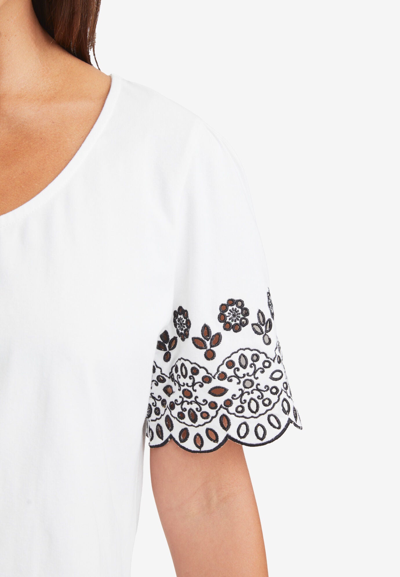 Eyelet Scoop-Neck Tee, BLACK MEDALLION EMBROIDERY, on-hover image number 1