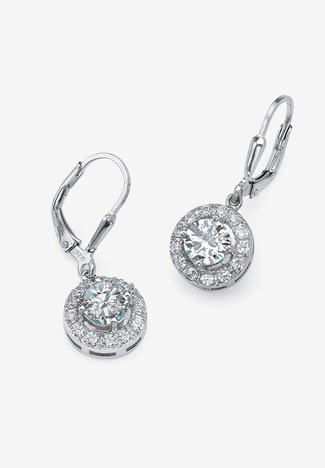 Sterling Silver Halo Drop Earrings Cubic Zirconia (2 1/3 cttw TDW), CUBIC ZIRCONIA, hi-res image number 0