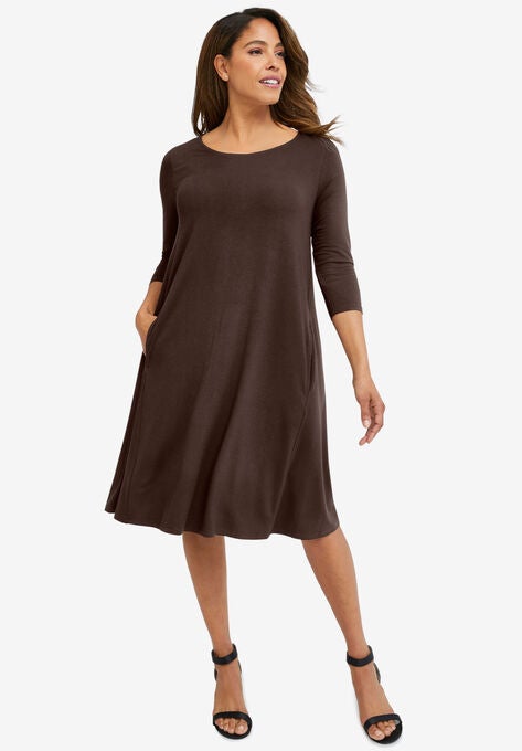 Three-Quarter Sleeve T-shirt Dress, CHOCOLATE, hi-res image number null