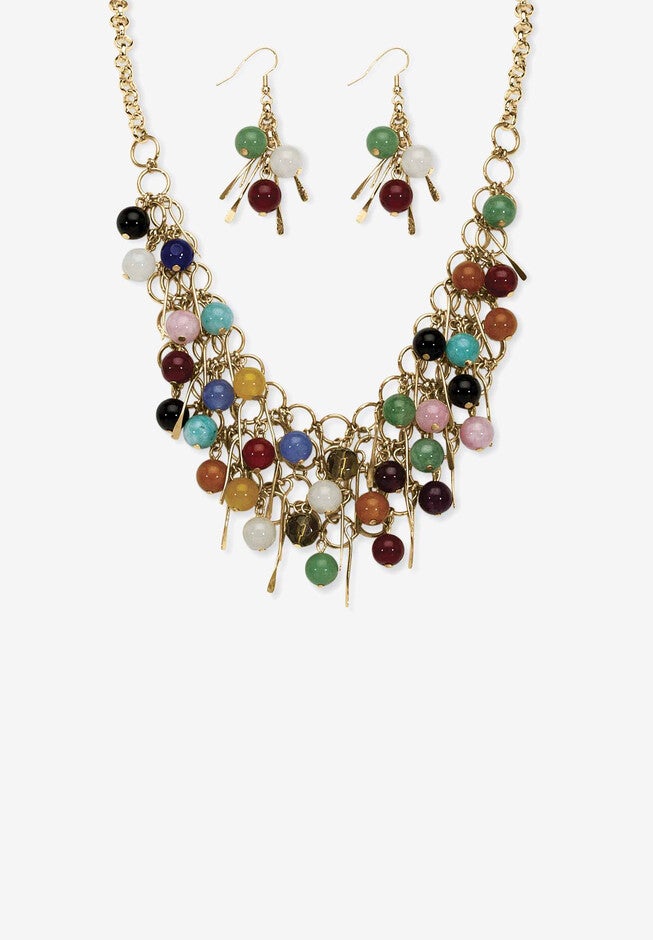 Goldtone Multi Color Genuine Agate Bead and Necklace and Earring Set, 18 inch plus 3 inch extension, GOLD, hi-res image number 0