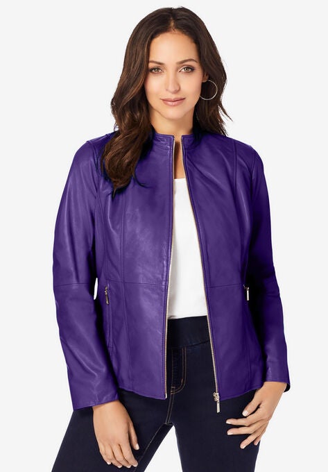 Zip Front Leather Jacket, MIDNIGHT VIOLET, hi-res image number null