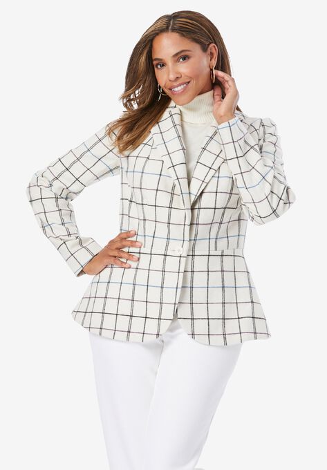 Wool-Blend Peplum Blazer, TEAL PURPLE SIMPLE PLAID, hi-res image number null