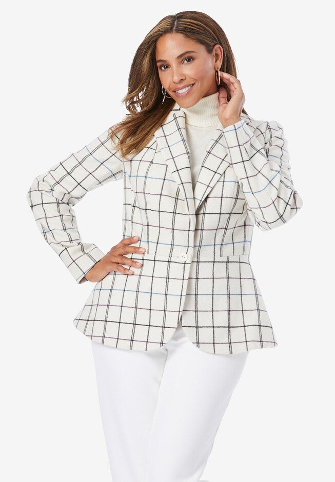 Wool-Blend Peplum Blazer, TEAL PURPLE SIMPLE PLAID, hi-res image number 0
