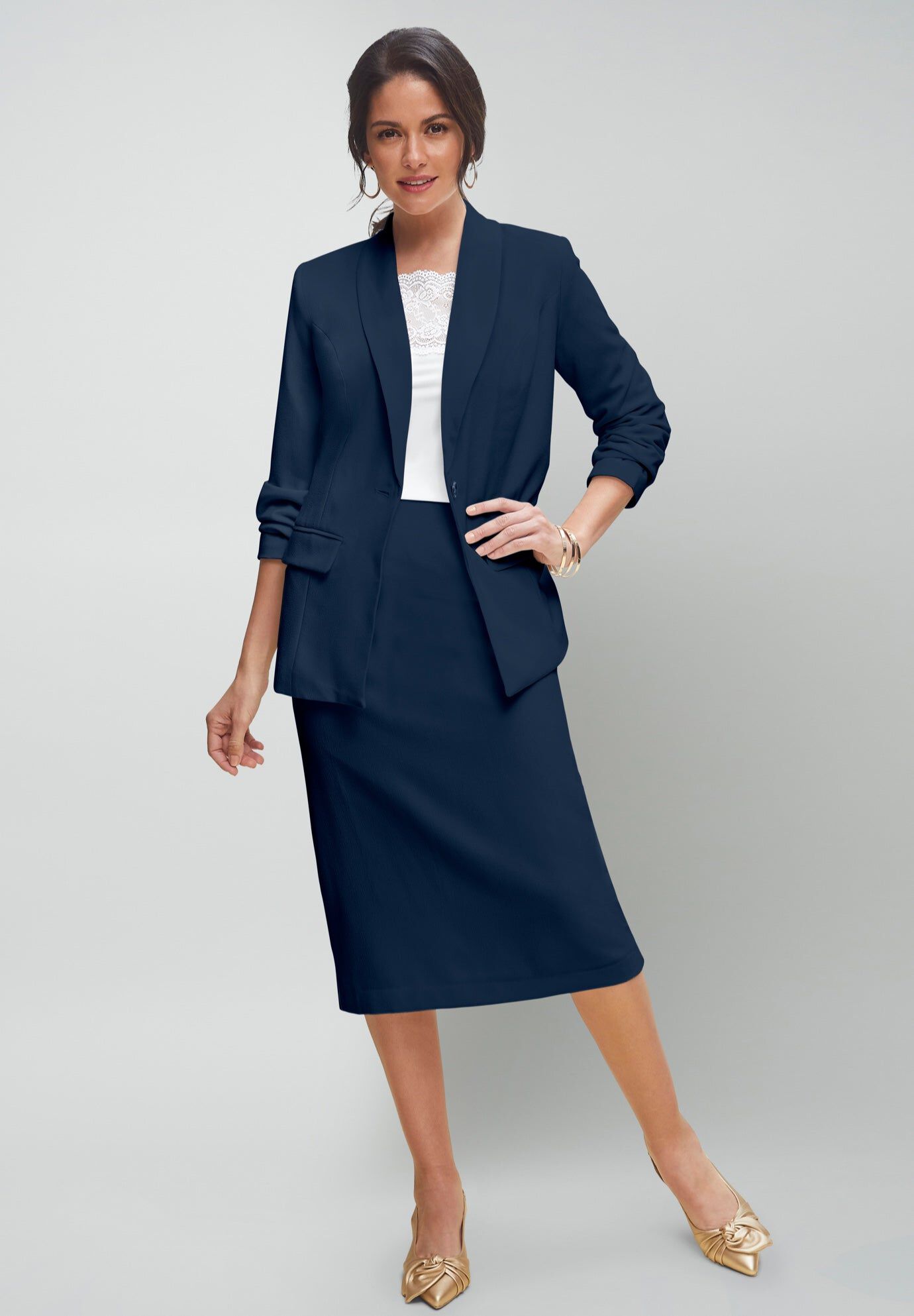 Work 2-Piece Stretch Crepe Single-Breasted Skirt Suit, Navy
