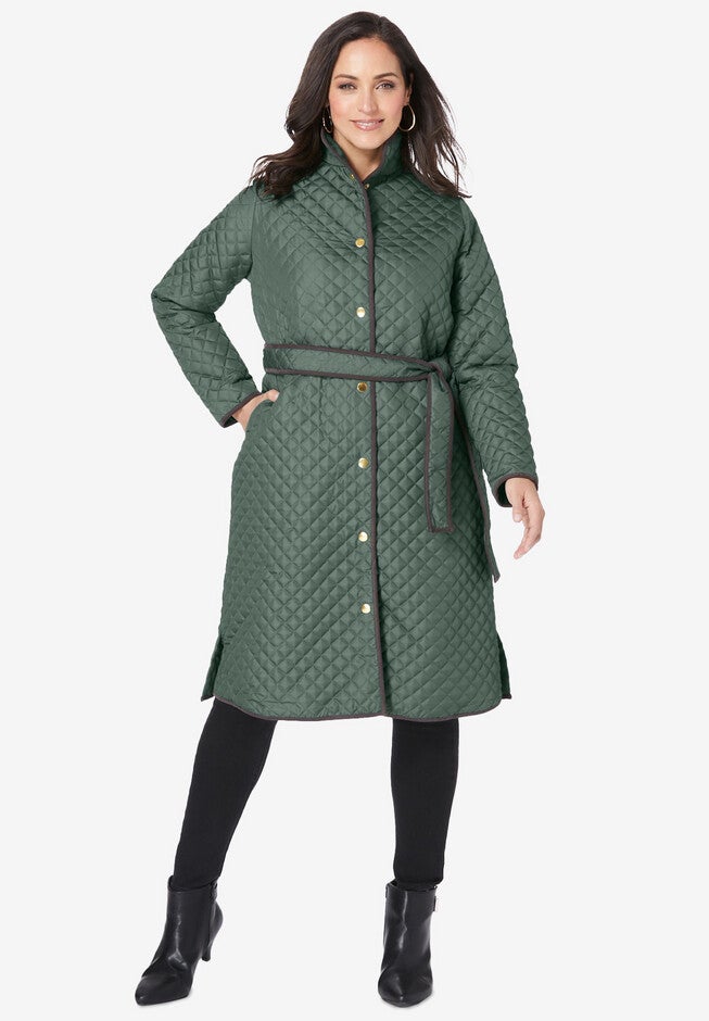 Quilted Collarless Long Jacket, PINE, hi-res image number 0