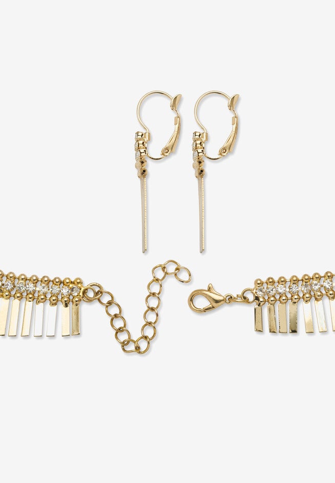 Gold Tone Fringe Necklace, Bracelet and Earring Set, Crystal, 17 inches, , on-hover image number null