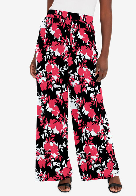 Travel Knit Palazzo Pant, VIBRANT WATERMELON SHADOW BOUQUET, hi-res image number null