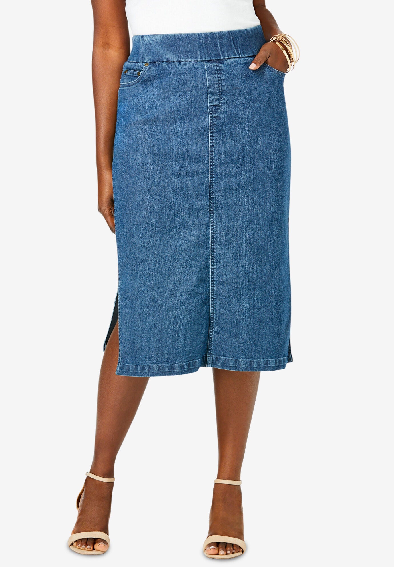 Comfort Waist Stretch Denim Midi Skirt, MEDIUM STONEWASH, hi-res image number 0