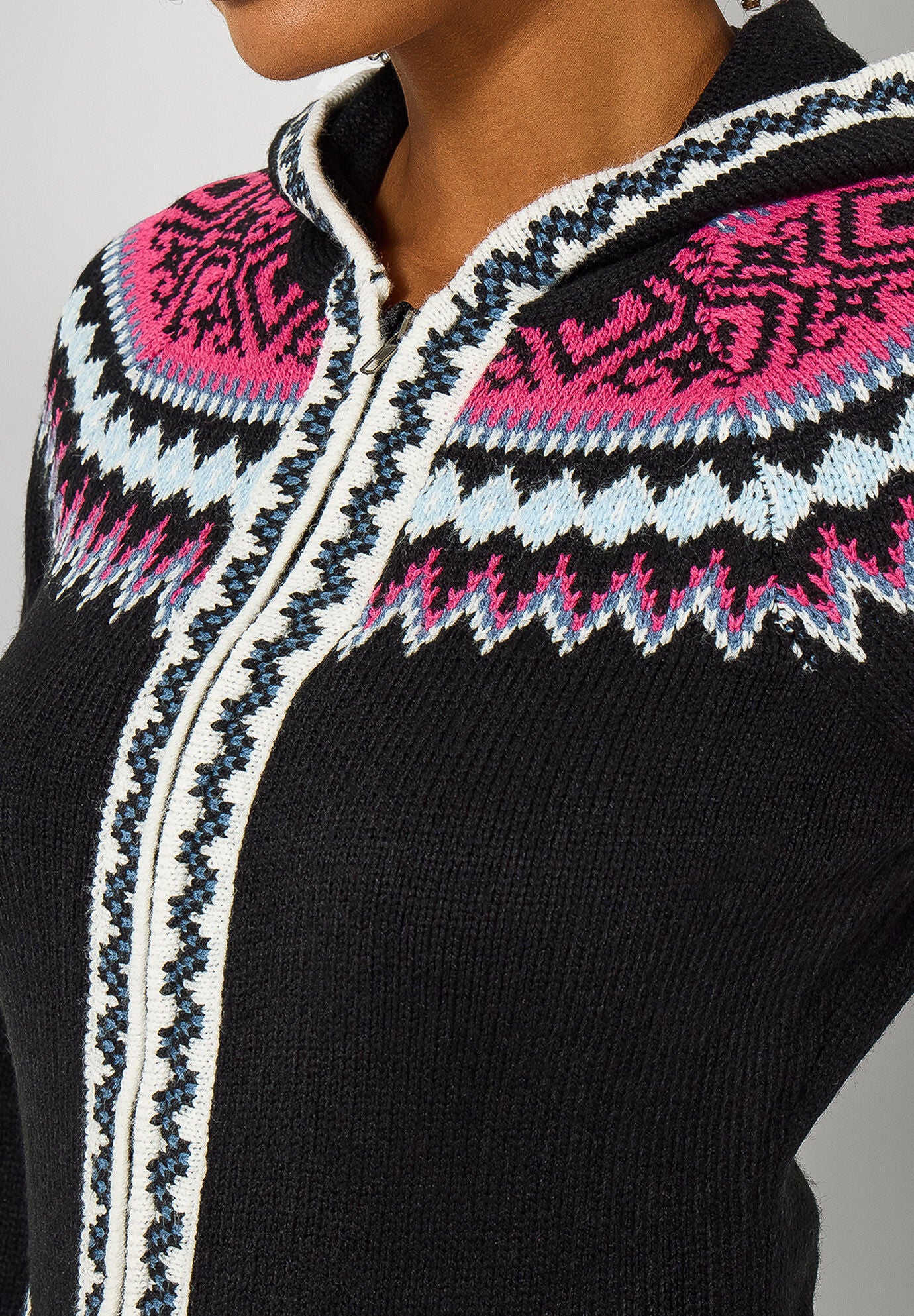 Fair Isle Drawstring V-Neck Zip Hoodie, BLACK FAIRISLE, alternate image number 2