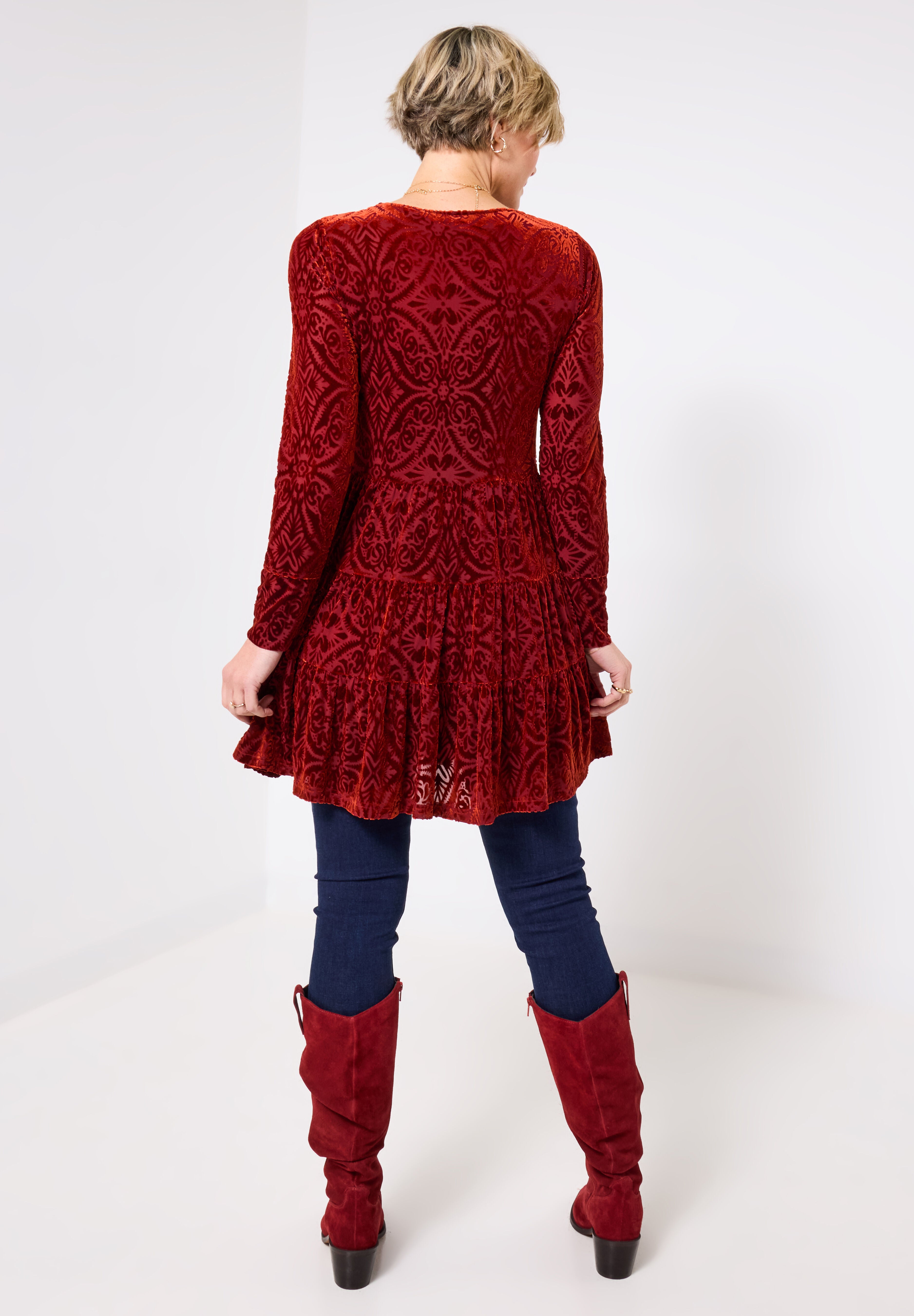 Burnout Velvet Tiered Long Tunic, BURNT ORANGE BURNOUT, alternate image number 3