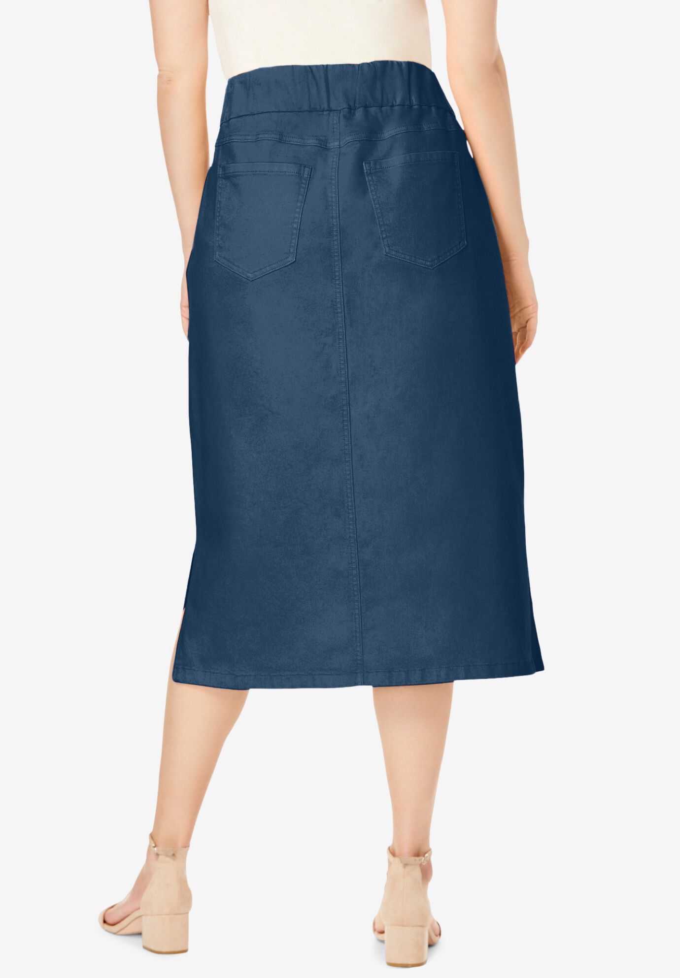 Comfort Waist Stretch Denim Midi Skirt, MEDIUM STONEWASH, on-hover image number 1
