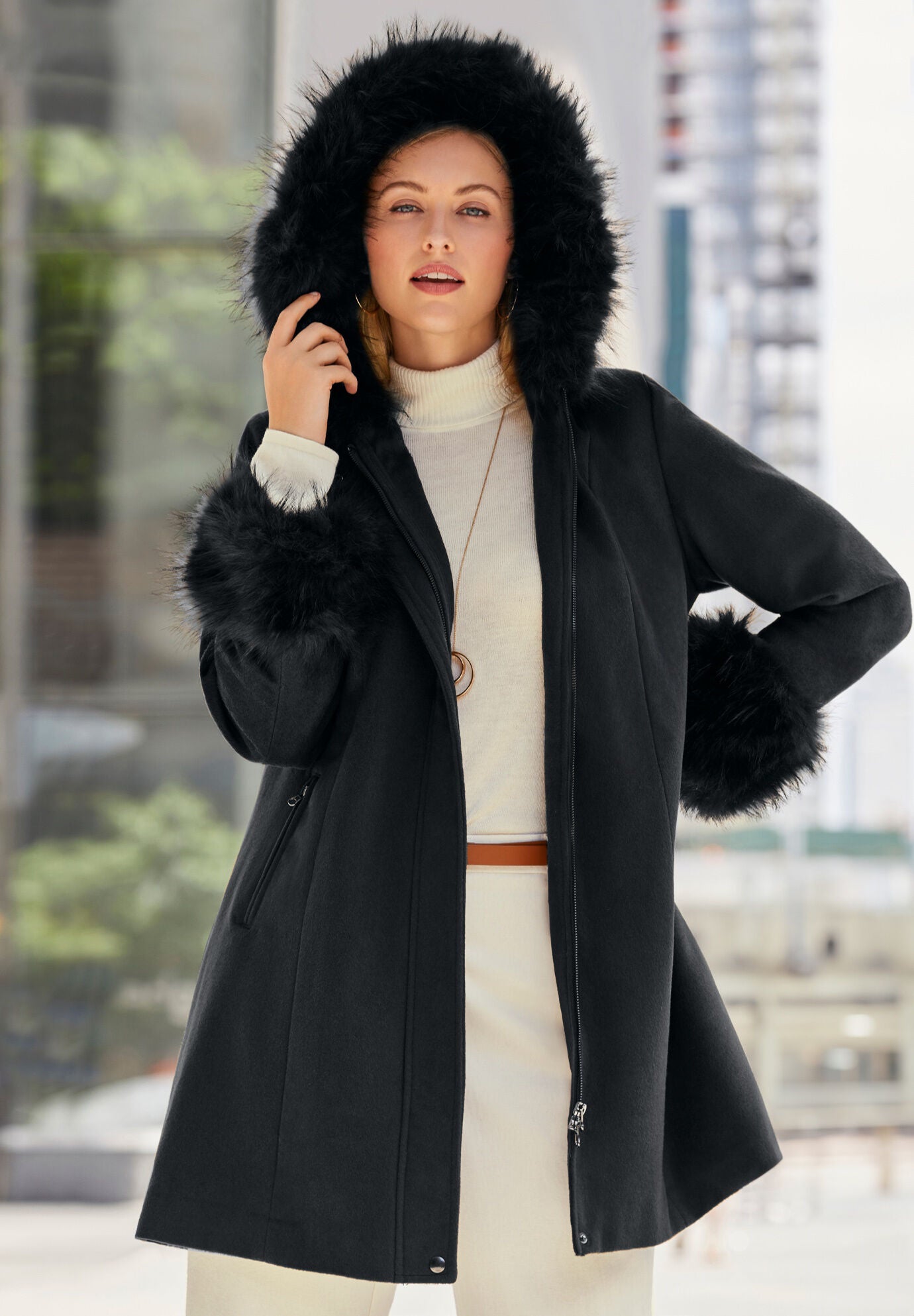 Ladies Hooded Faux Fur Trim Coat Rich Burgundy Jessica London