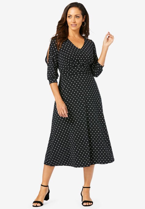 Slit Sleeve Midi Dress, BLACK BOLD DOT, hi-res image number null