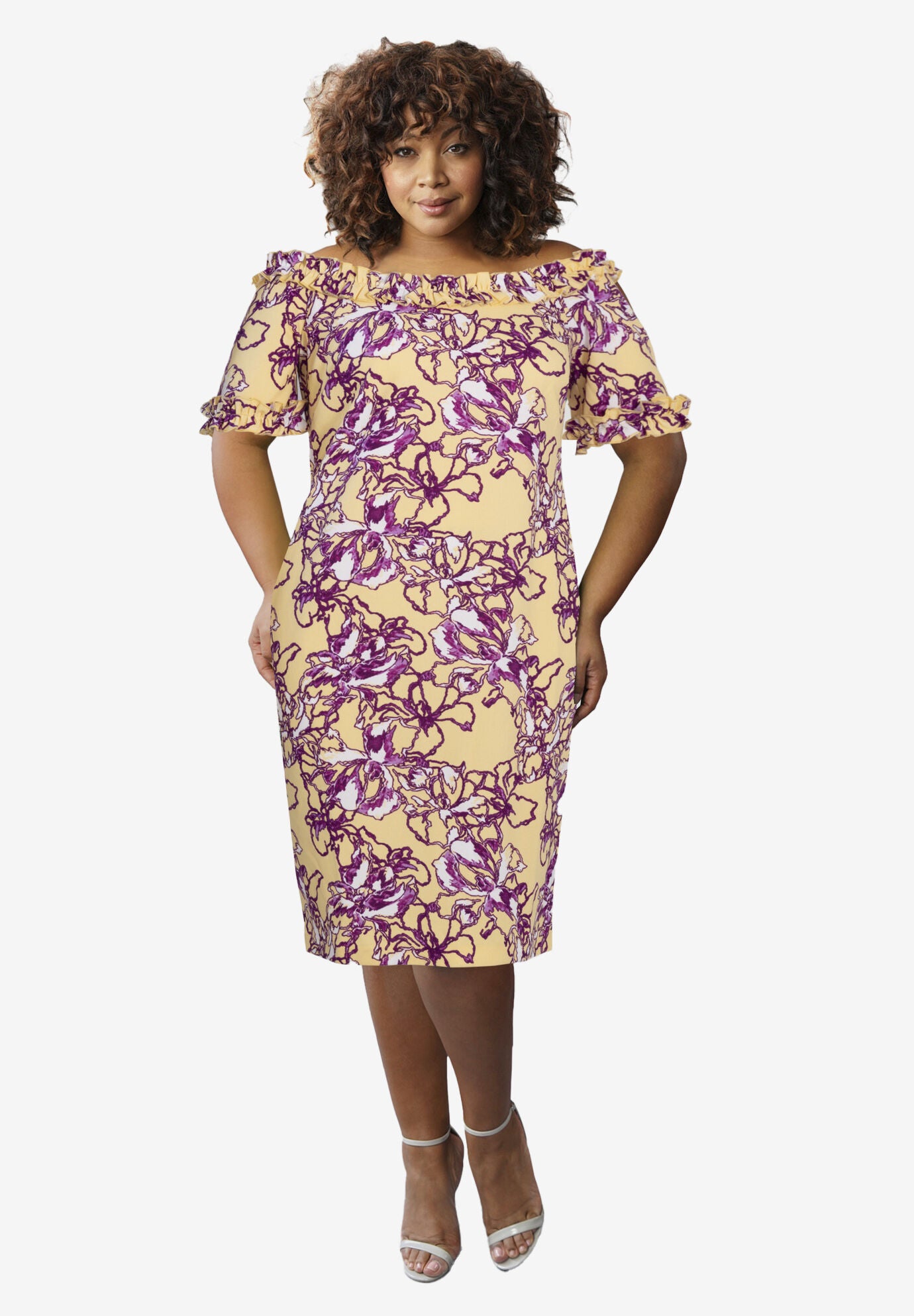 Plus Size Floral Midi Dress, YELLOW, hi-res image number 0