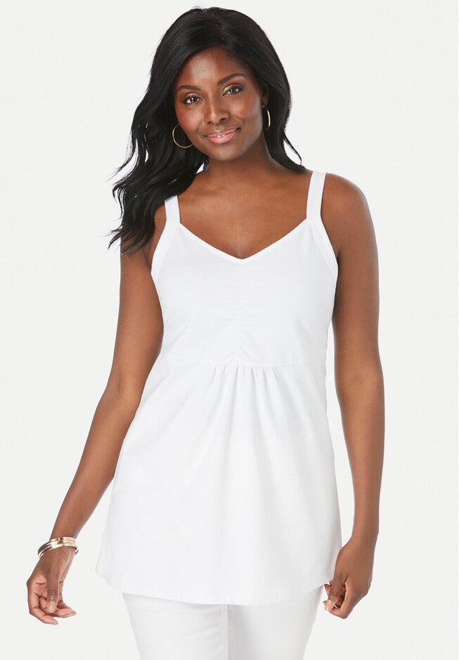 Stretch Cotton Shirred Tank, WHITE, hi-res image number null