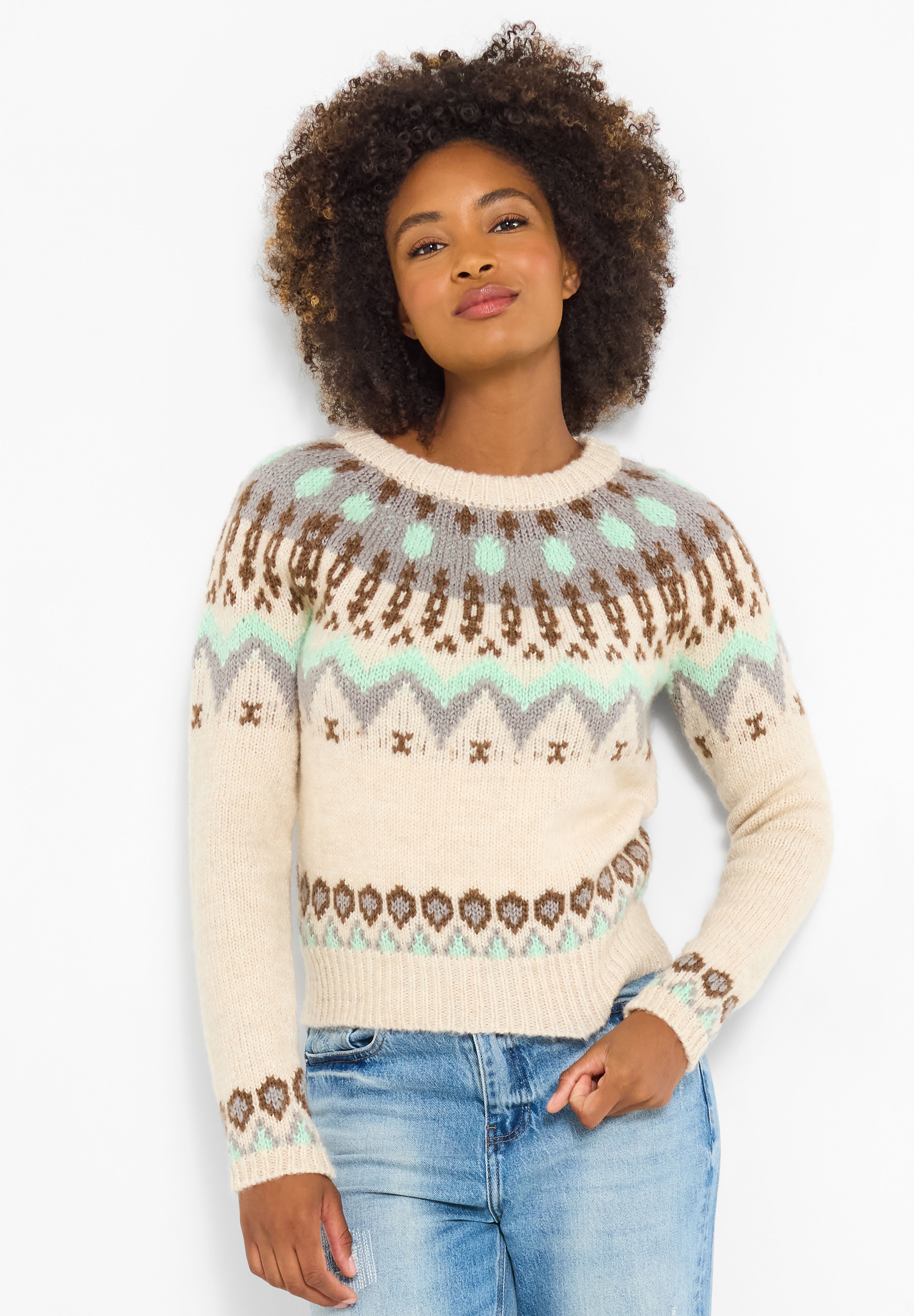 Cozy Fair Isle Pullover Sweater, OATMEAL FAIRISLE, hi-res image number 0