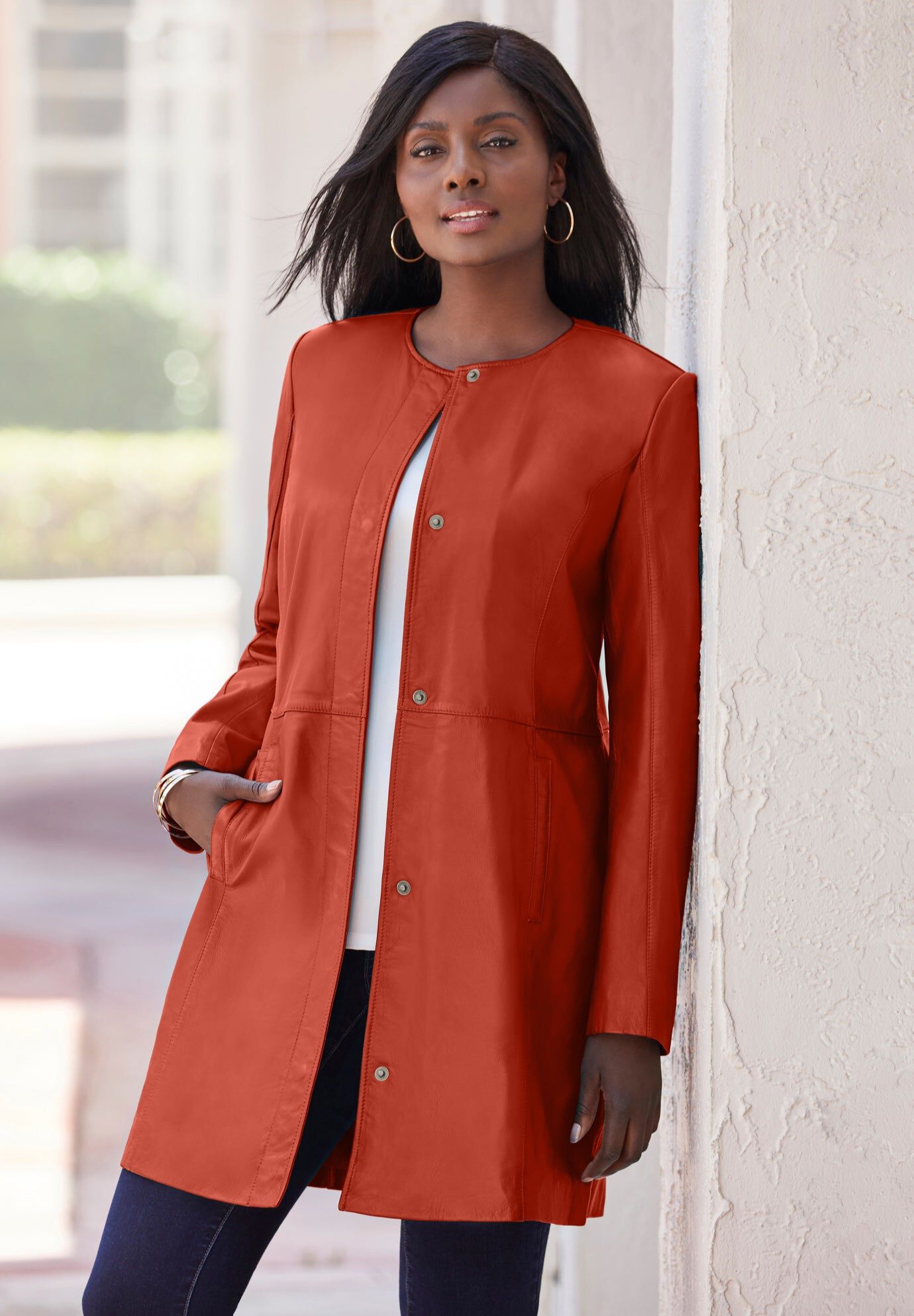 Leather Swing Coat - Genuine Trapeze Jacket, Black | Catherines