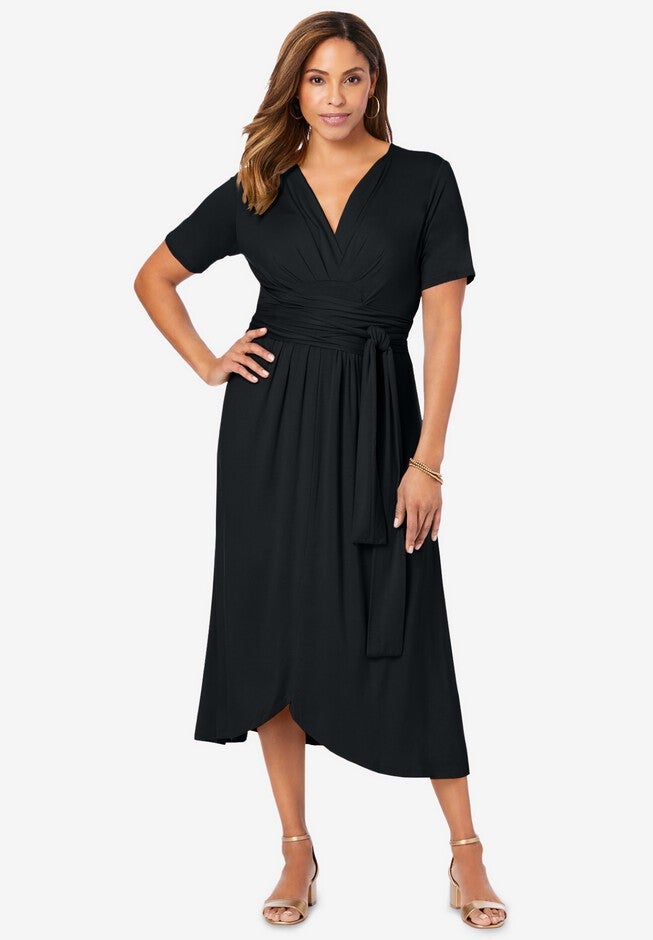 Stretch Knit Tie-Waist Midi Dress, BLACK, hi-res image number null