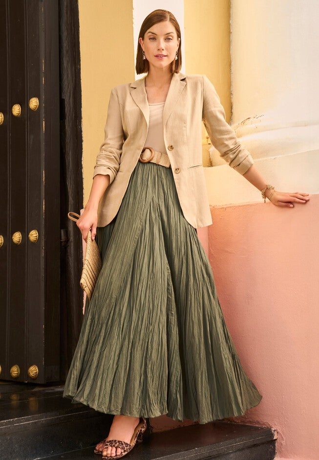 Ladies' Flowing Crinkled Maxi Skirt, Dark Olive Green Jessica