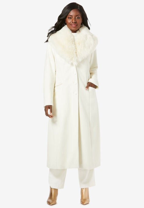 Long Wool Blend Coat With Faux Fur Collar Plus Sizewool Coats
