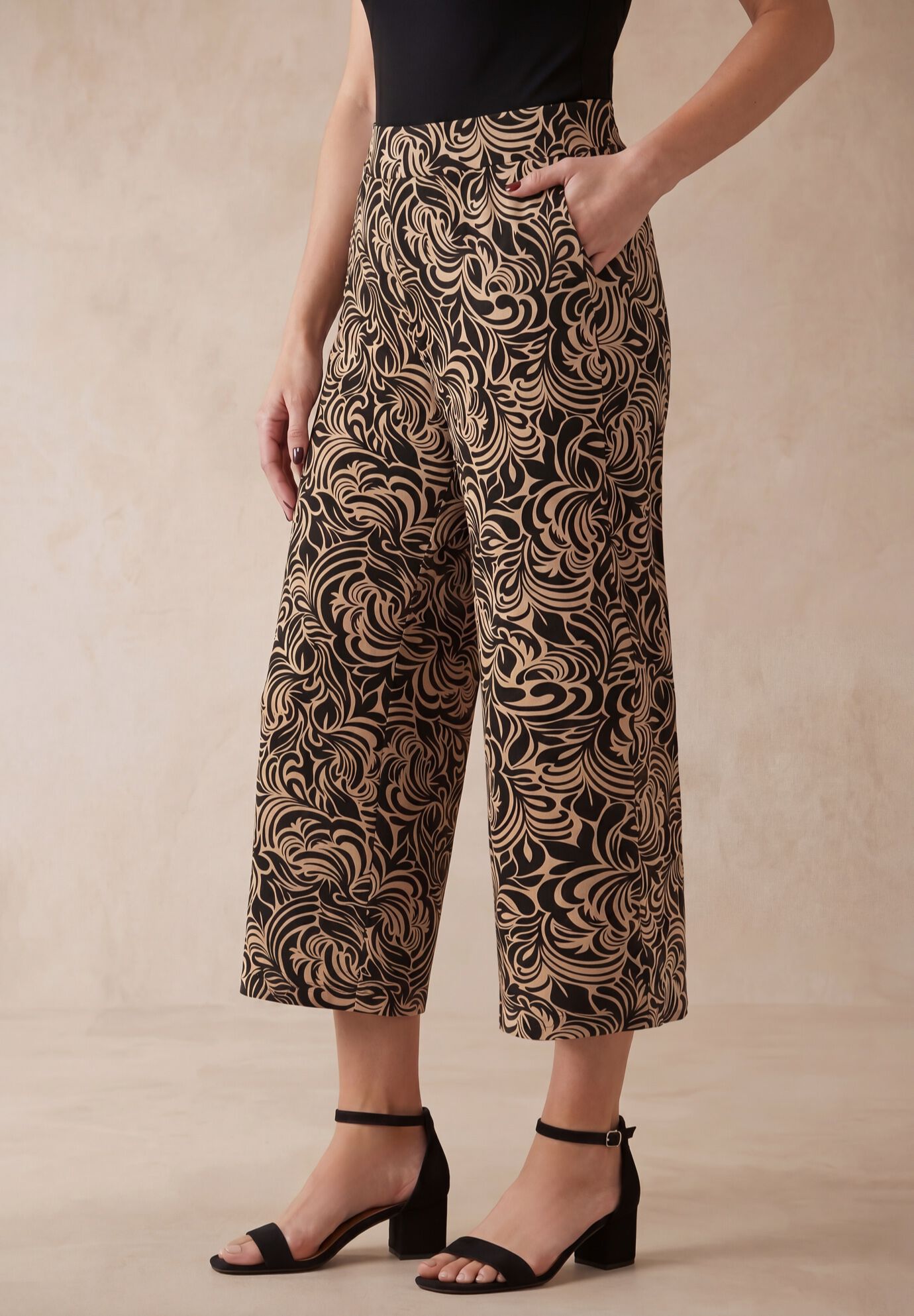 Everyday Stretch Knit Wide Leg Crop Pant, BLACK KHAKI SCROLL, alternate image number 2