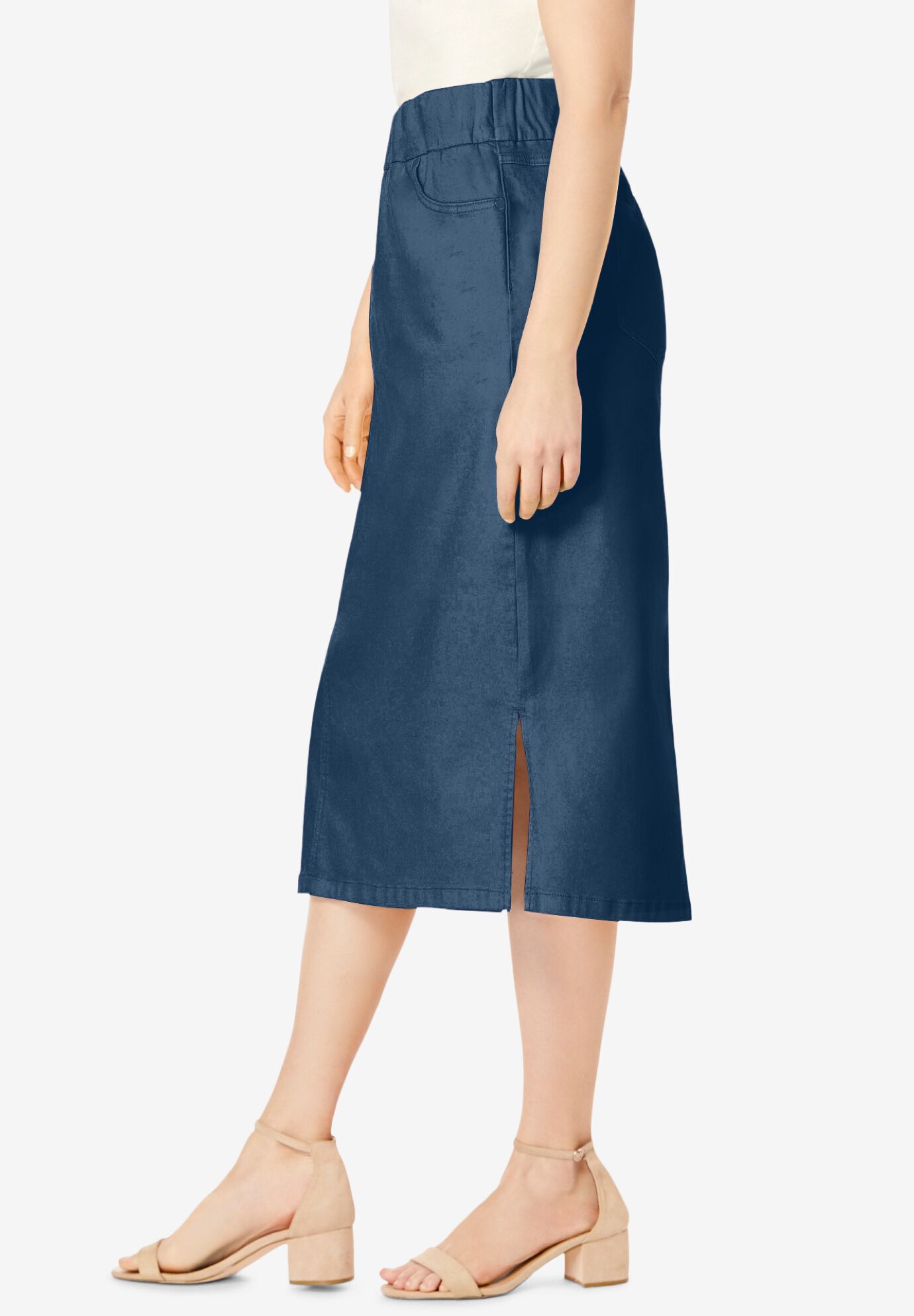 Comfort Waist Stretch Denim Midi Skirt, MEDIUM STONEWASH, alternate image number 2