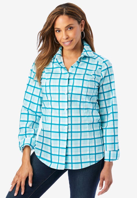 Stretch Poplin Shirt, AQUA FADED PLAID, hi-res image number null