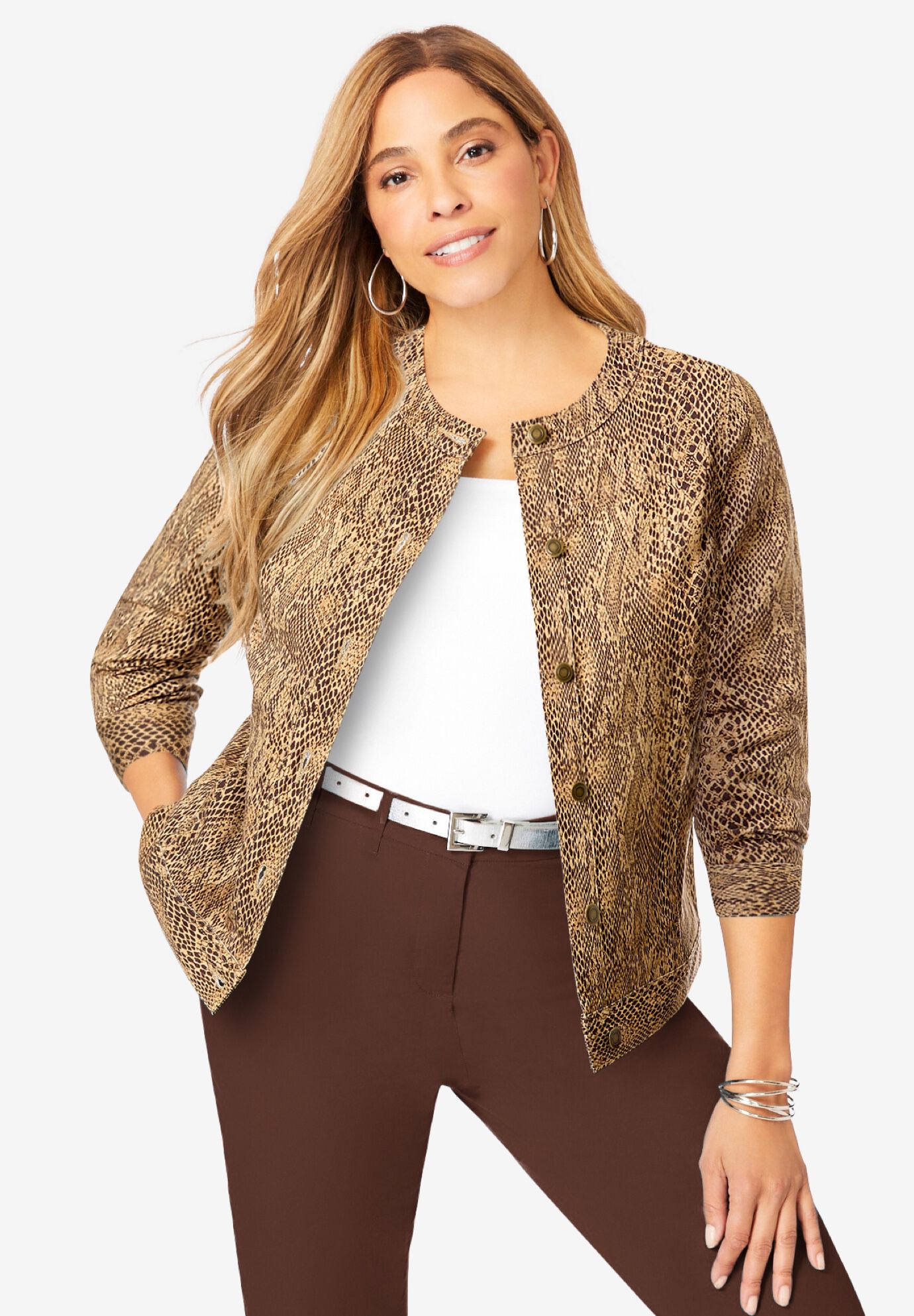 Collarless Denim Jacket, NATURAL SNAKE PRINT, hi-res image number 0