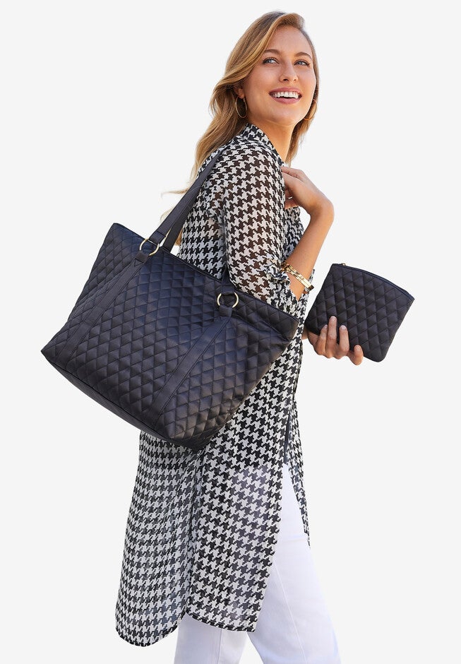 Quilted Metallic Tote Set, BLACK, hi-res image number null