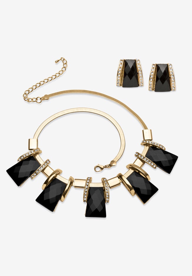 Goldtone Checkerboard-Cut Black Crystal Necklace and Earring Set, 18 inch plus 2 inch extension, GOLD, hi-res image number 0
