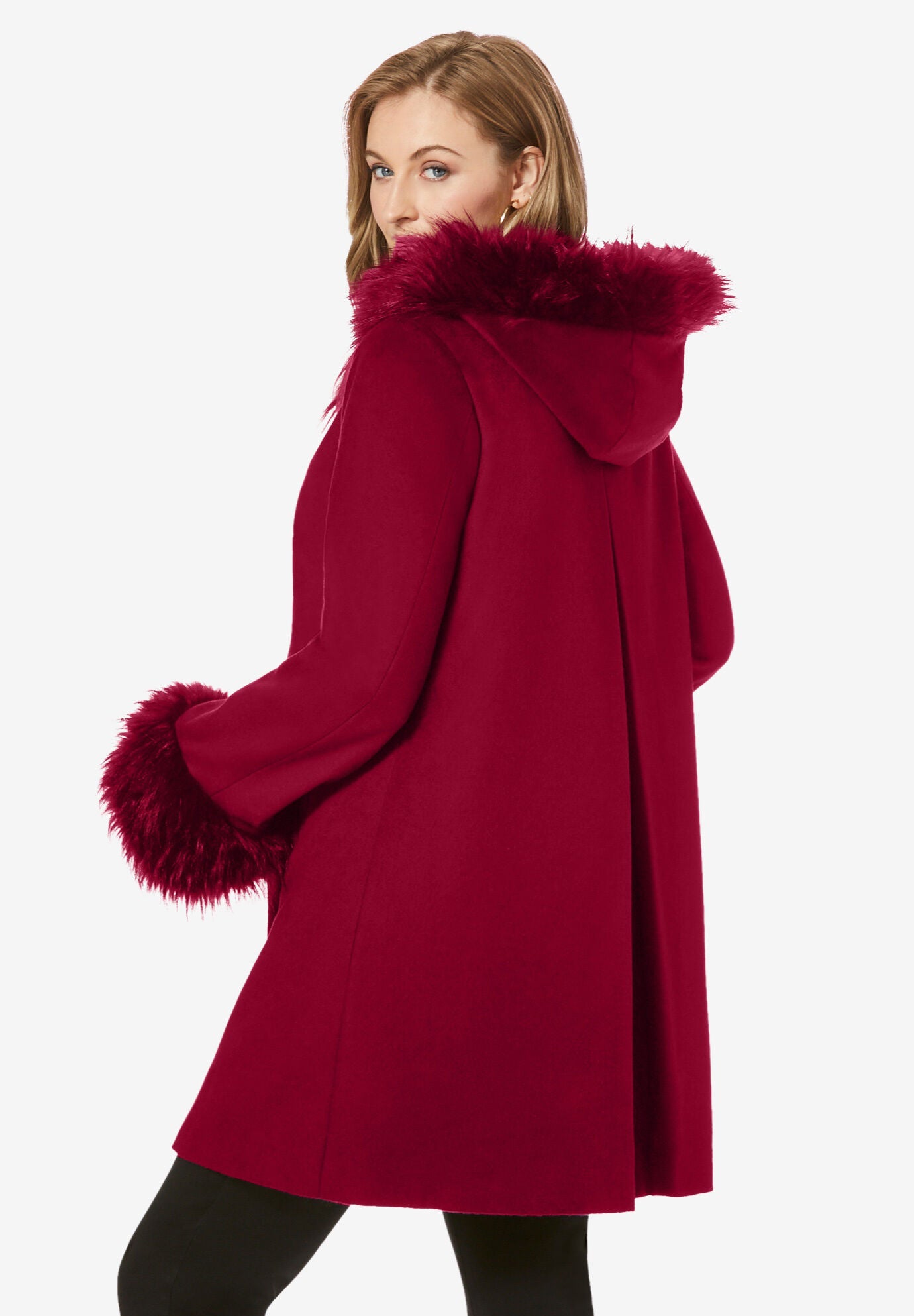 Hooded Faux Fur Trim Coat Jessica London