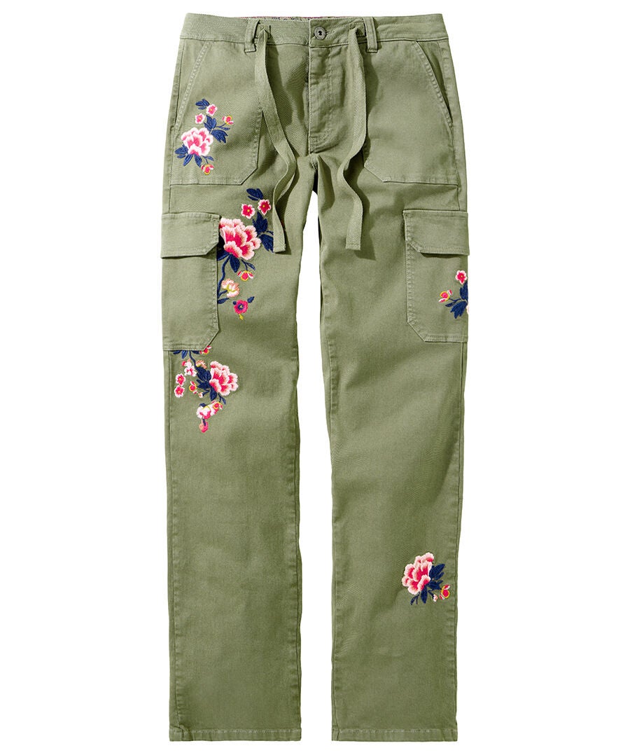 Embroidered Cargo Pants, OLIVE FLORAL EMBROIDERY, on-hover image number 1