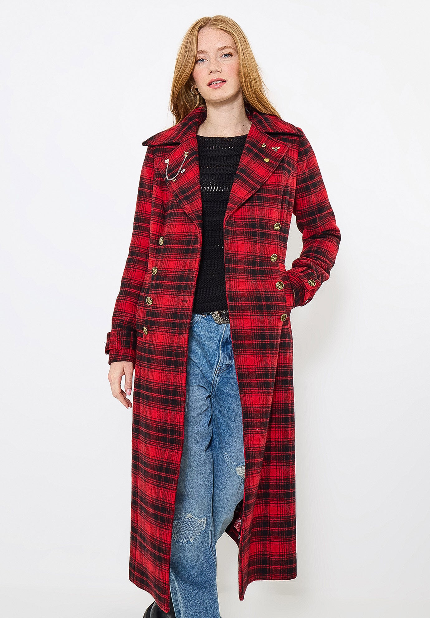 Wool-Blend Double Breasted Coat, RED MEGA PLAID, on-hover image number 1