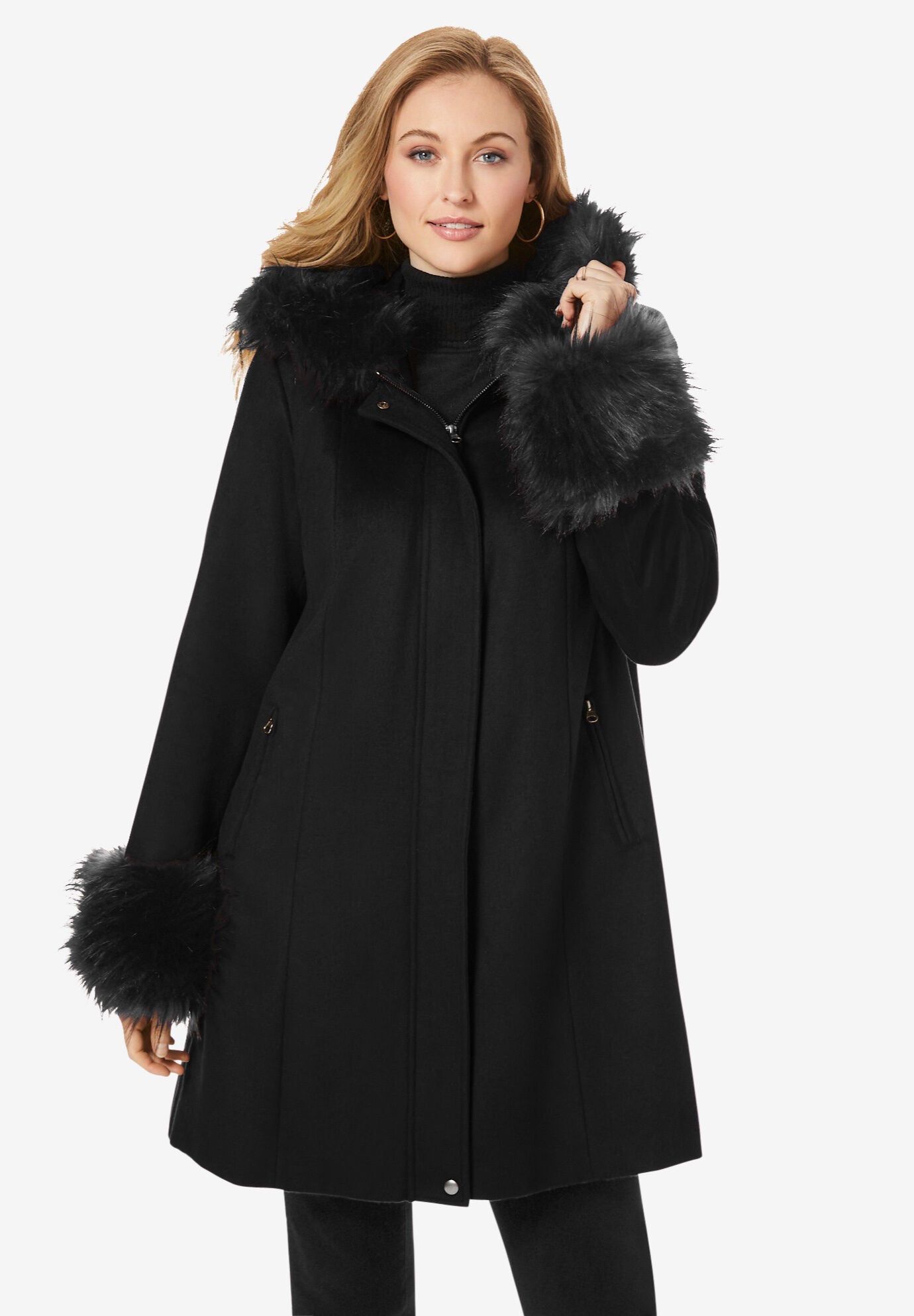 Hooded faux shop fur trim coat