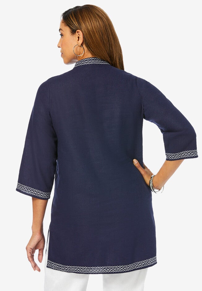 Notch Neck Linen Tunic, , on-hover image number 1