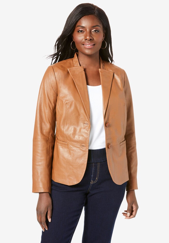 Leather Peplum Jacket, COGNAC, hi-res image number null