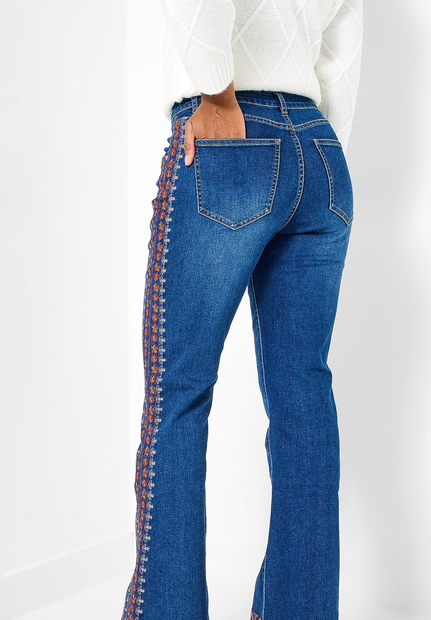 Embroidered Flare Jeans, DARK BLUE AZTEC, alternate image number 2