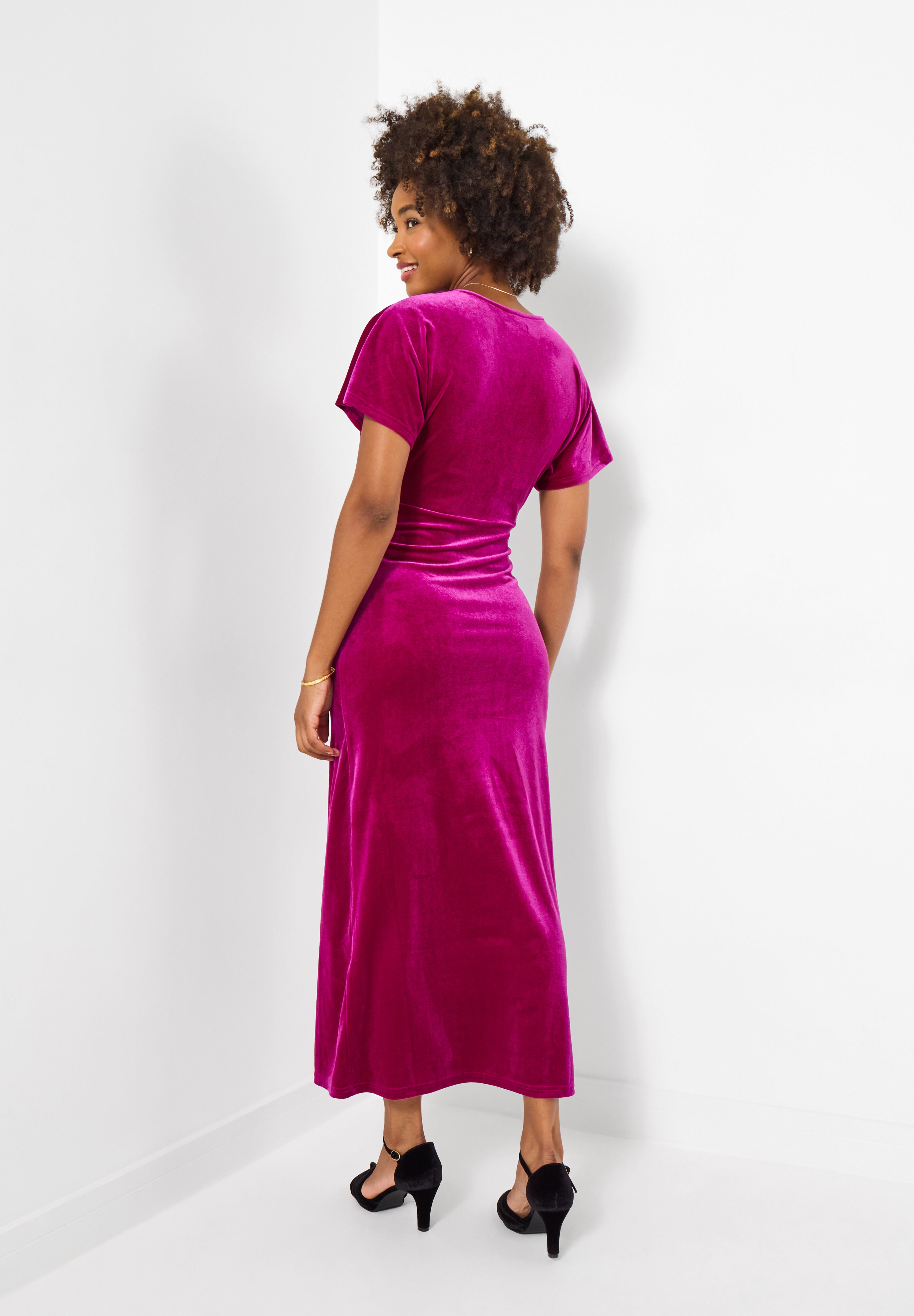 Velvet Deep V-Neck Midi Dress, HOT PINK, alternate image number 3
