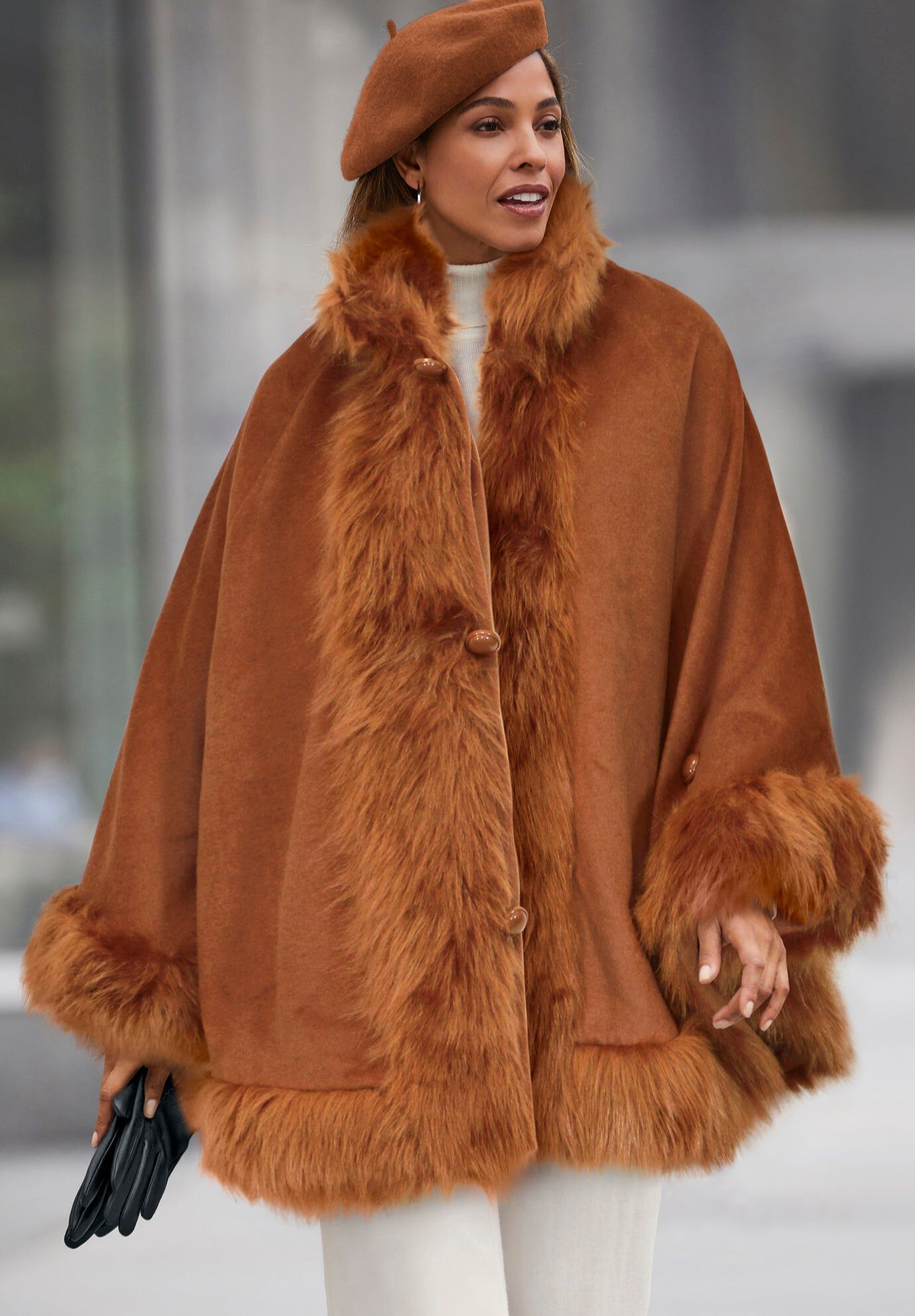 rolf schulte ロルフシュルテ ミンクファー ロングコート ブラウン Fashionable Hooded Faux Fur Trim Coat, Rich Brown | Roaman's