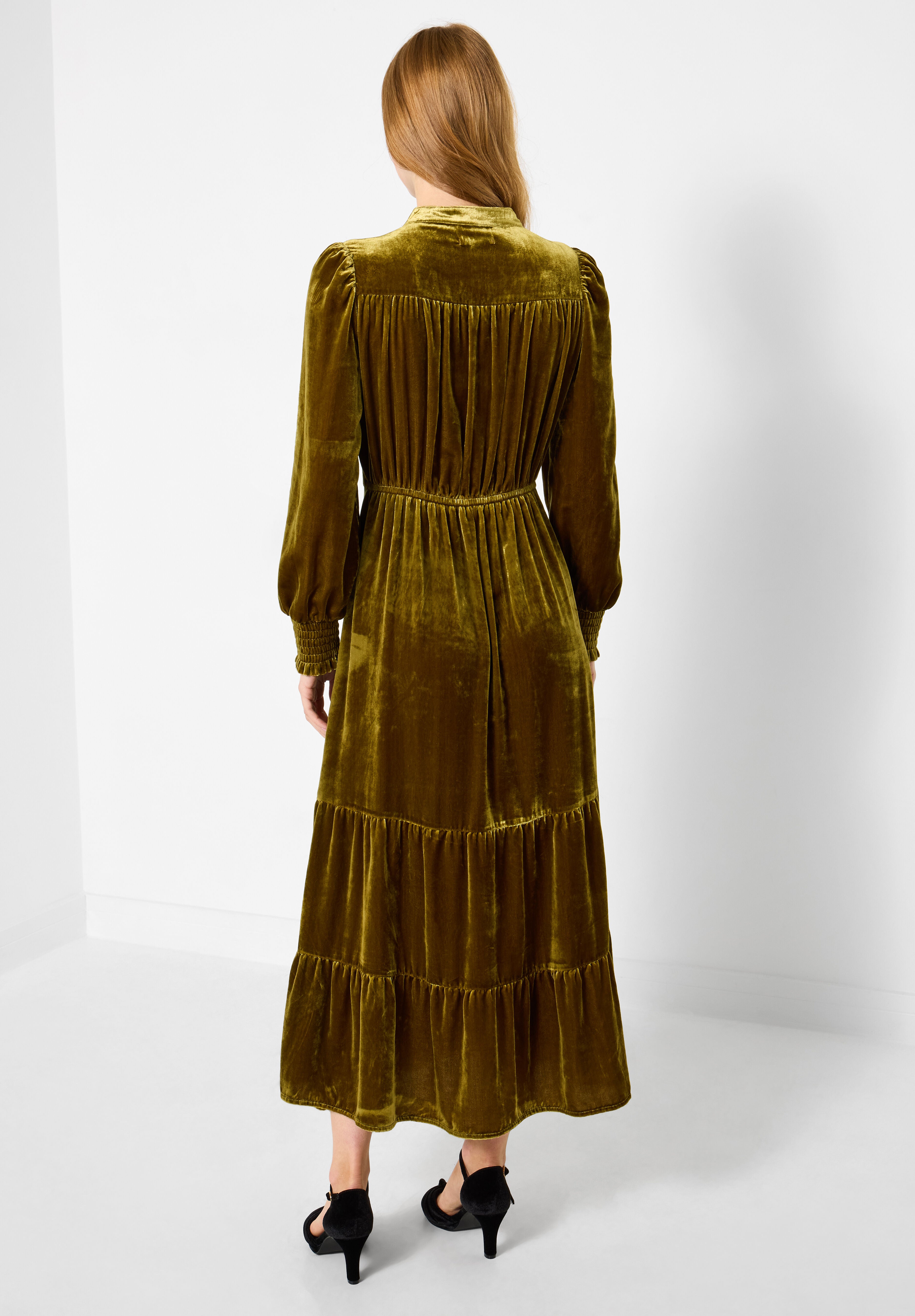 Tiered Velvet Tie Neck Dress, CHARTREUSE, alternate image number 5