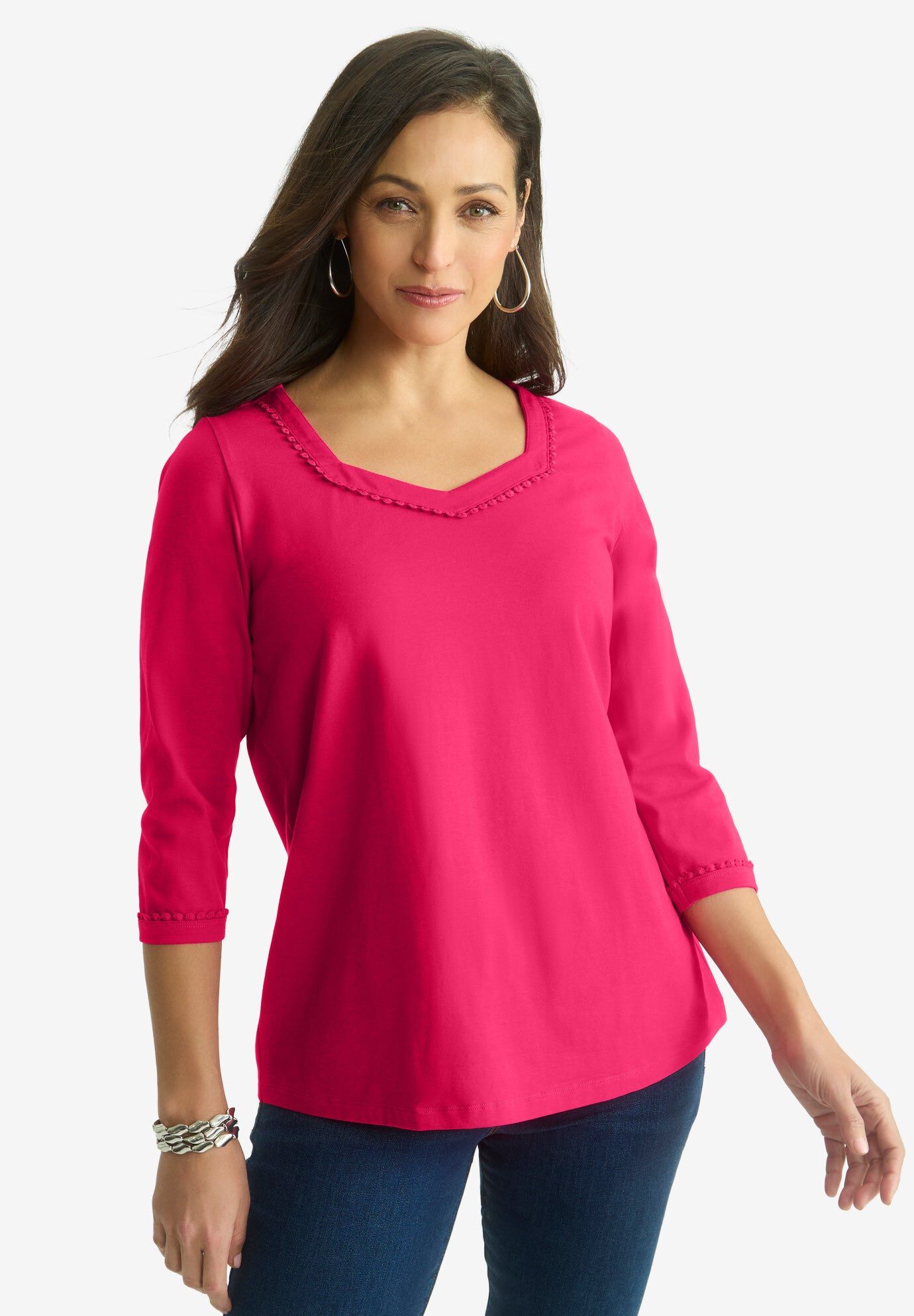 Dot Trim Sweetheart Neck Tee, PINK BURST, hi-res image number 0