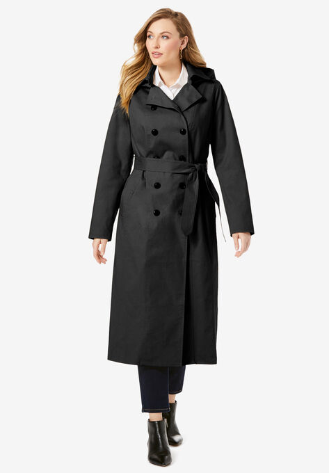 Double Breasted Long Trench Coat, BLACK, hi-res image number null
