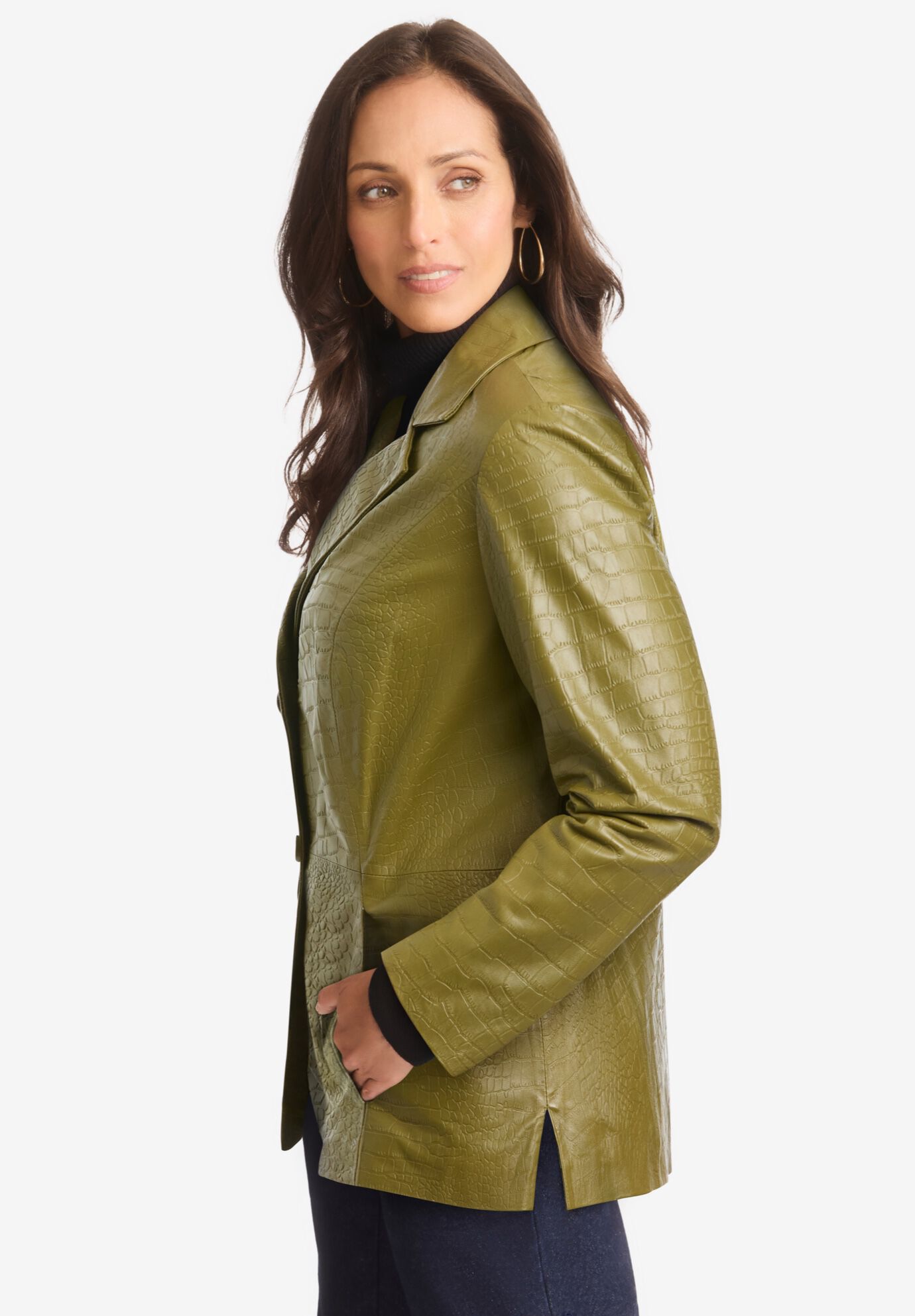 Croc Leather Blazer, MOSS GREEN, alternate image number 2