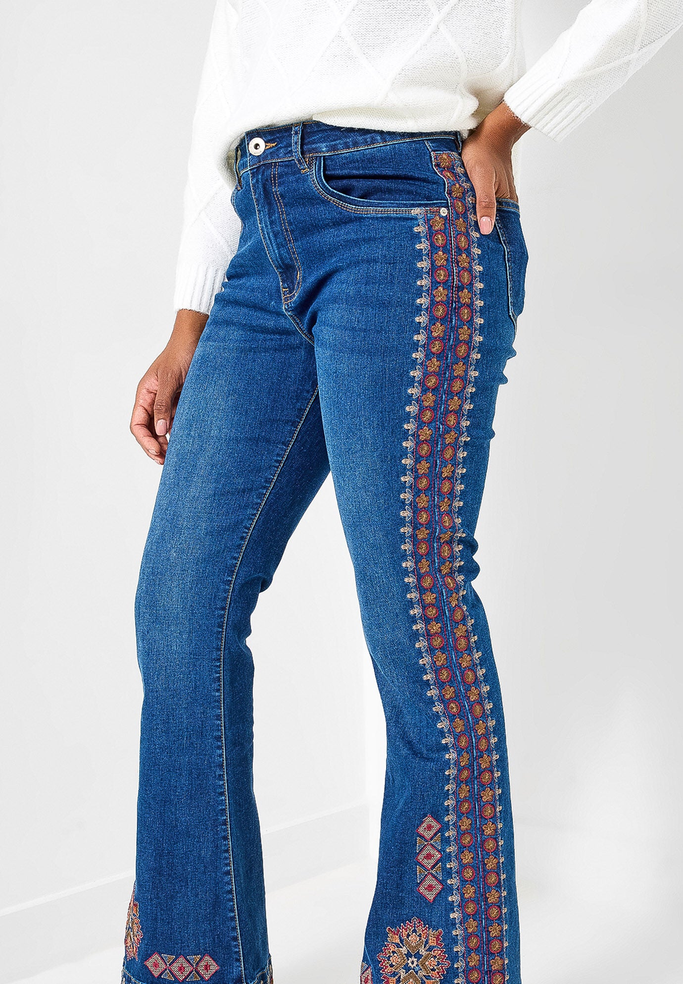 Embroidered Flare Jeans, DARK BLUE AZTEC, hi-res image number 0