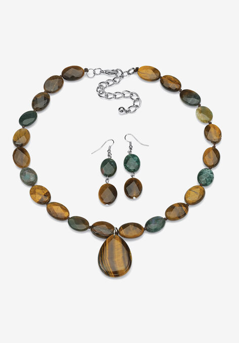 Strand Necklace and Drop Earring Set, Genuine Tiger's Eye and Jasper, BROWN, hi-res image number null