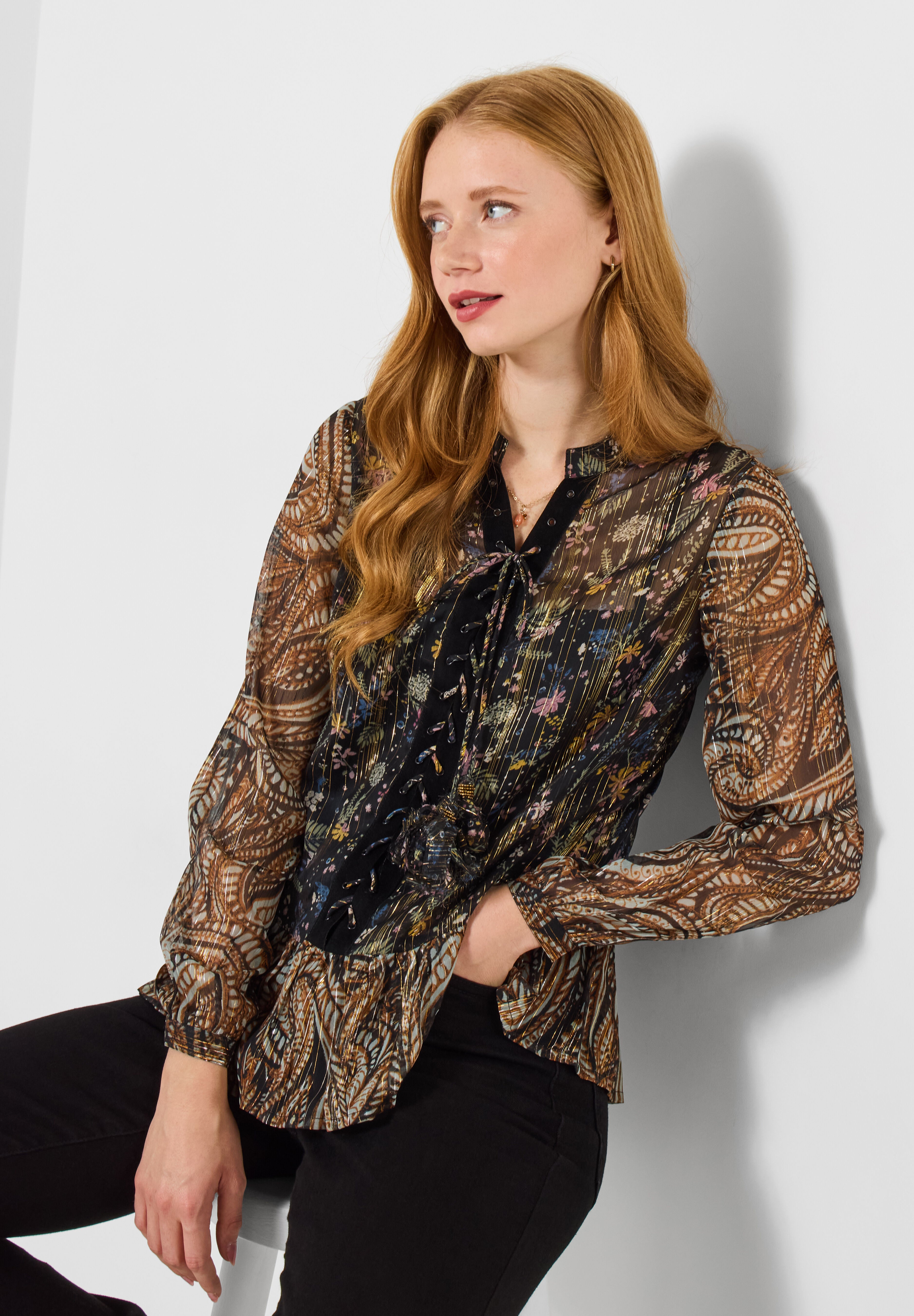 Sheer Metallic Lace-Up Blouse, METALLIC PAISLEY, hi-res image number 0