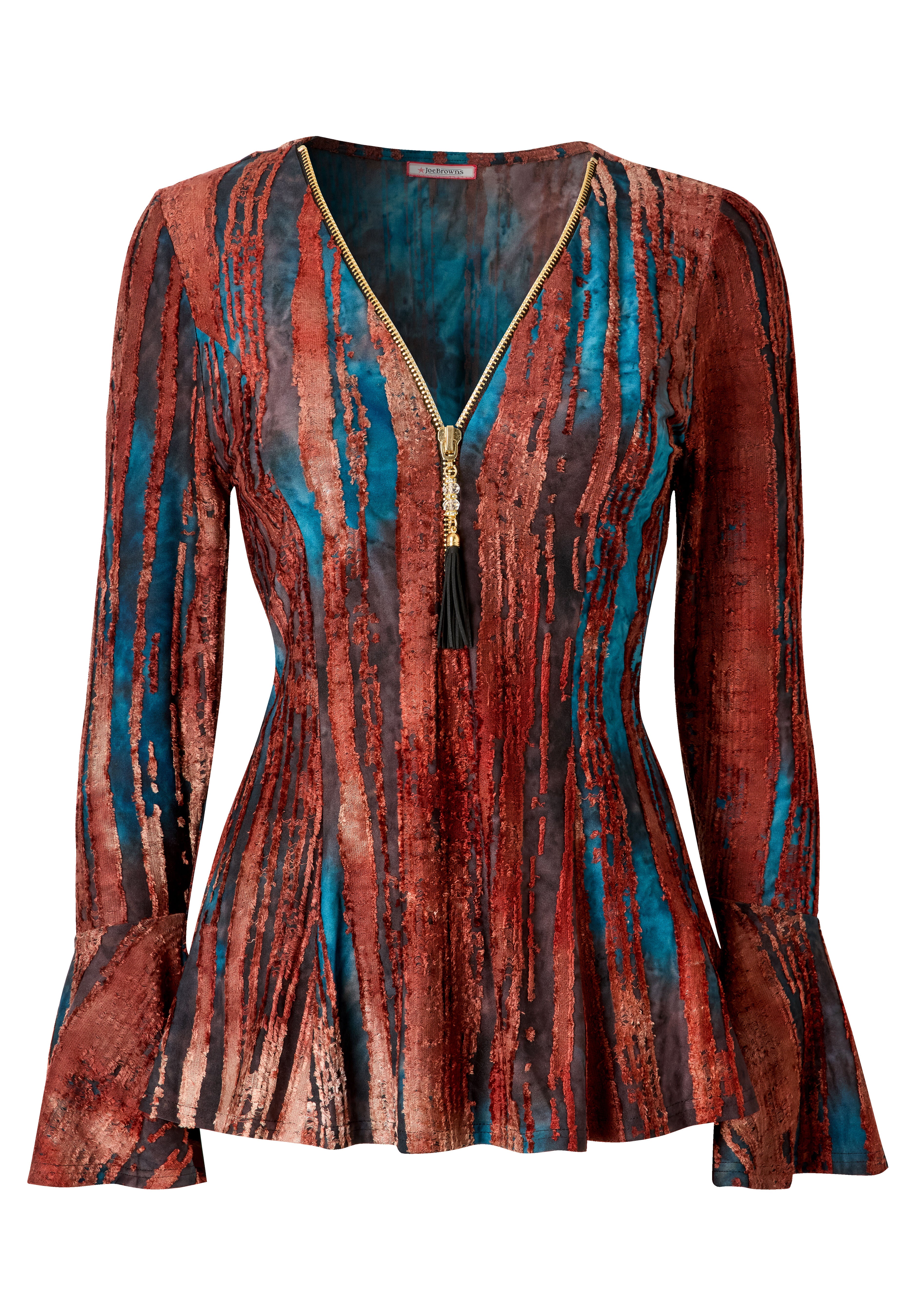 Zip Neck Bell Sleeve Top, RUST BURNOUT STRIPE, alternate image number 4